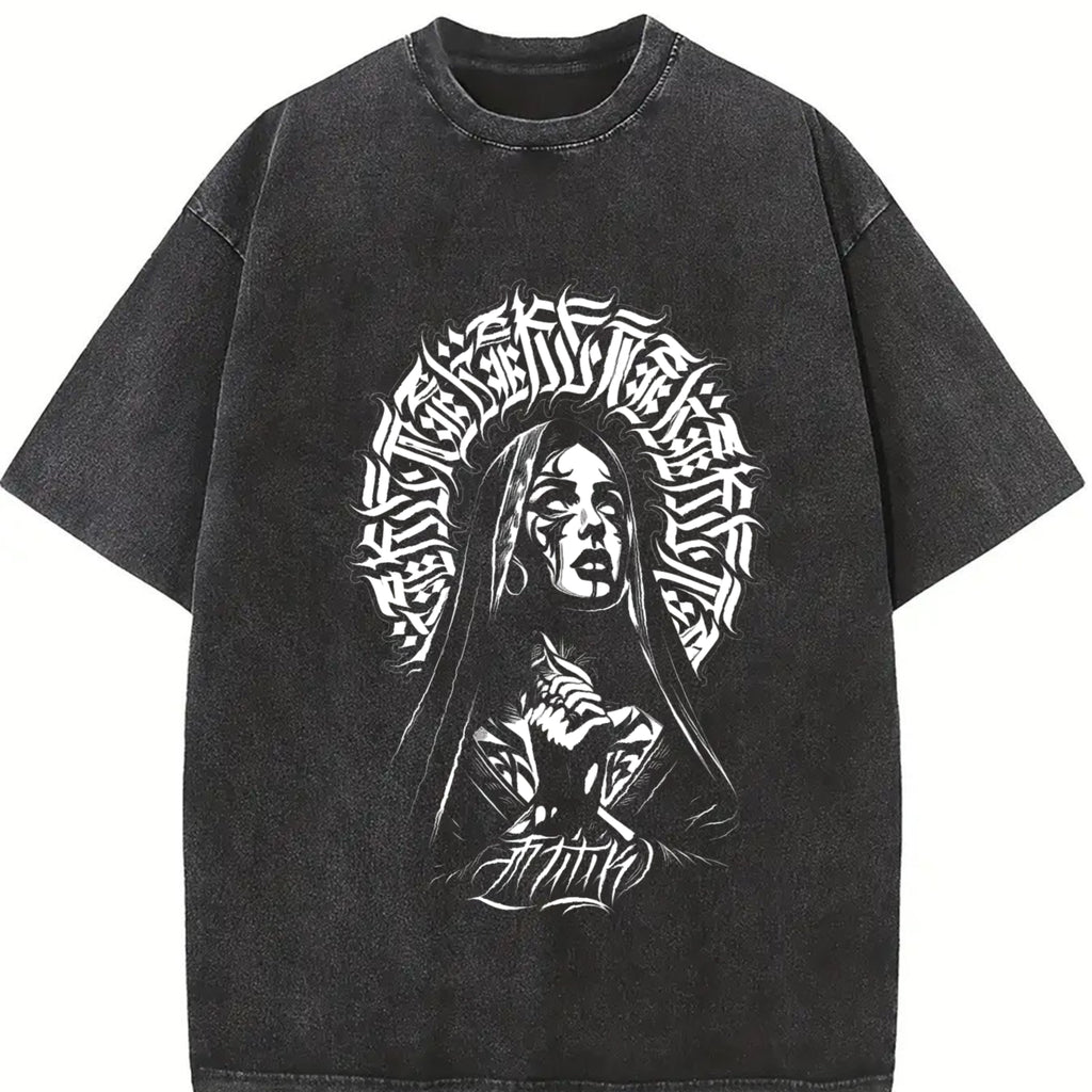 valentine shirts Praying Nun Vintage Washed Tee | Tattoo Art Inspired Streetwear | Glory Threads Faith & Grit Design | Gothic Cross Prayer Graphic Shirt | Urban Christian Aesthetic Tee Jesus Apparel