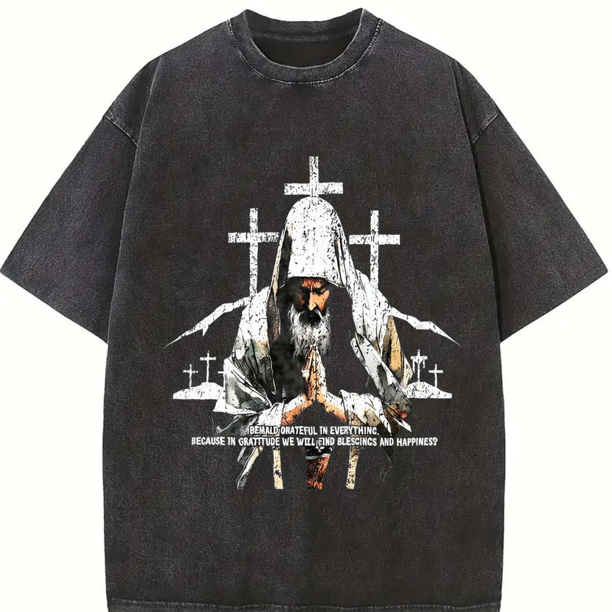 Religious Prayer Cross Black Grunge Vintage Washed T-Shirt - product view