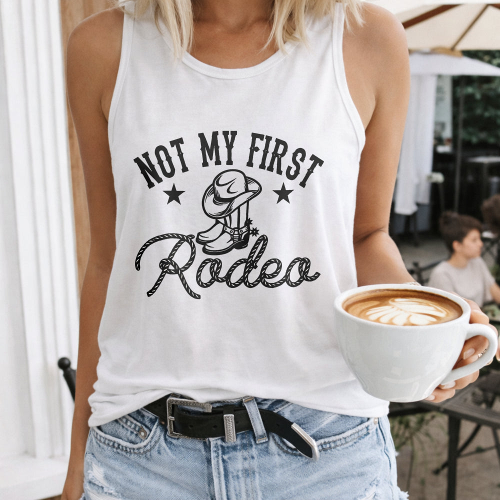 Not My First Rodeo - Black Tank With Cowboy Hat & Stars Women's Tank Top - product view