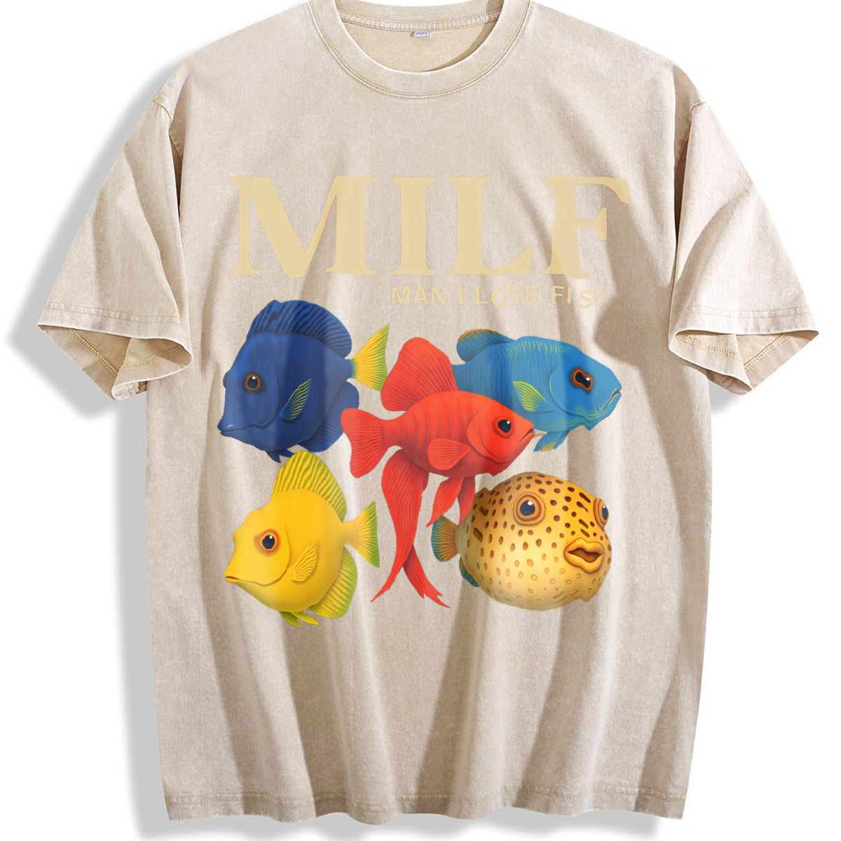 Funny Fish : Man I Love Fish Vintage Washed T-Shirt - Beige