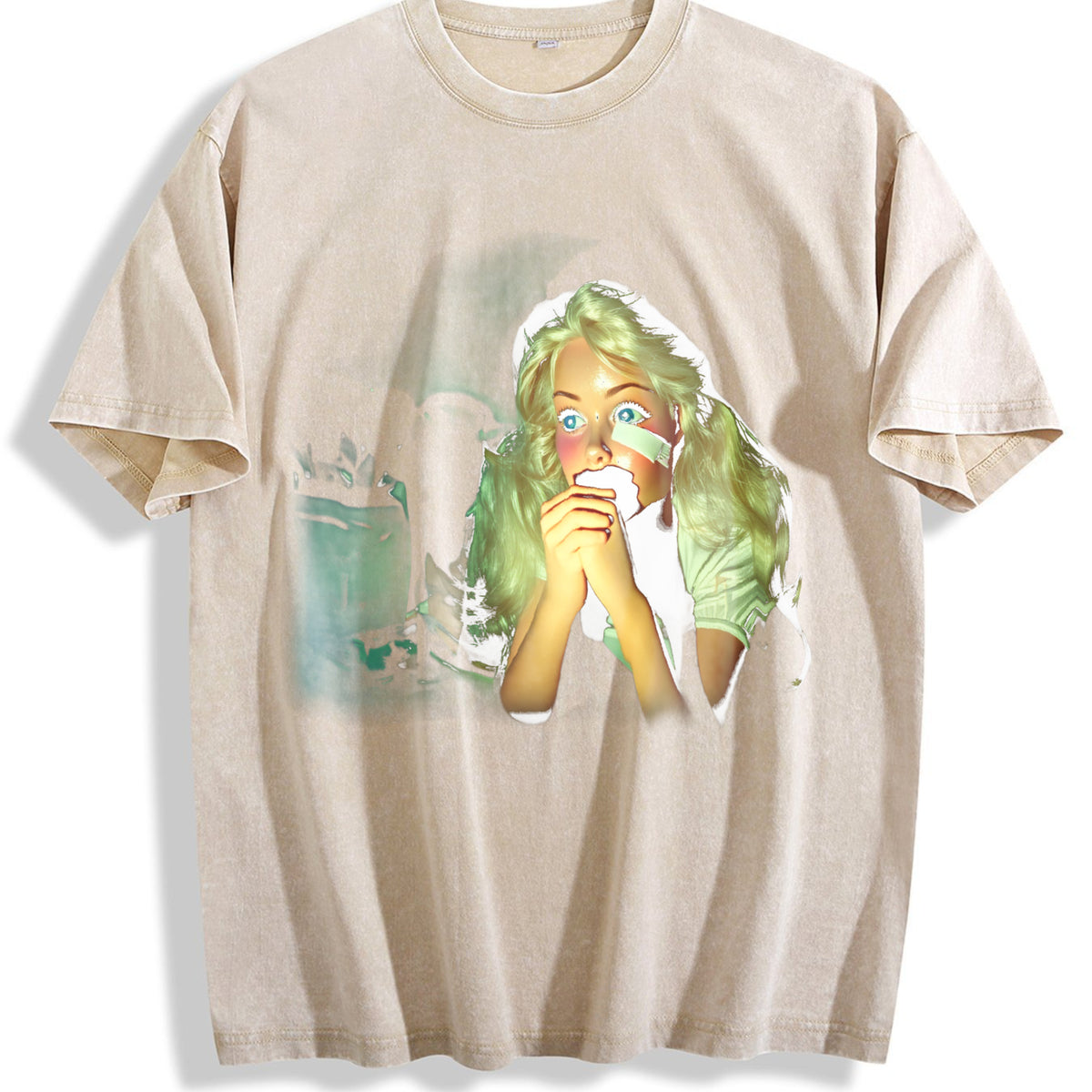 Doll with Mint Hair and a Snack Vintage Washed T-Shirt - Beige