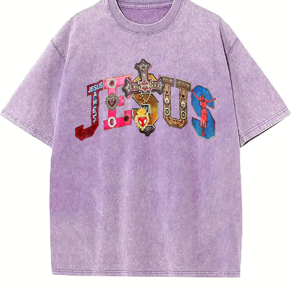 Jesus Colorful Cross & Gem Cropped Vintage Washed T-Shirt - product view