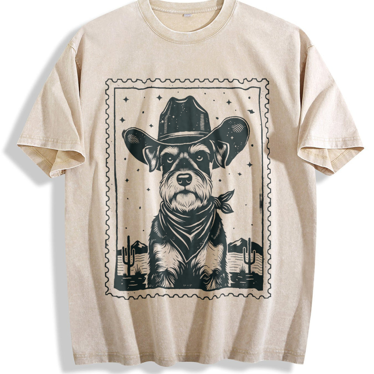 Cowboy Schnauzer Stamp Vintage Washed T-Shirt - Beige