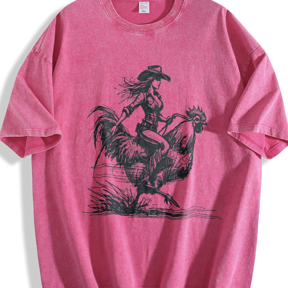 Funny Cowgirl Riding Chicken 90s Vintage Washed T-Shirt - product view