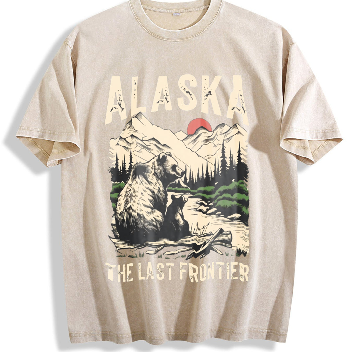 Alaska The Last Frontier Grizzly Bear 90s Vintage Washed T-Shirt - Beige