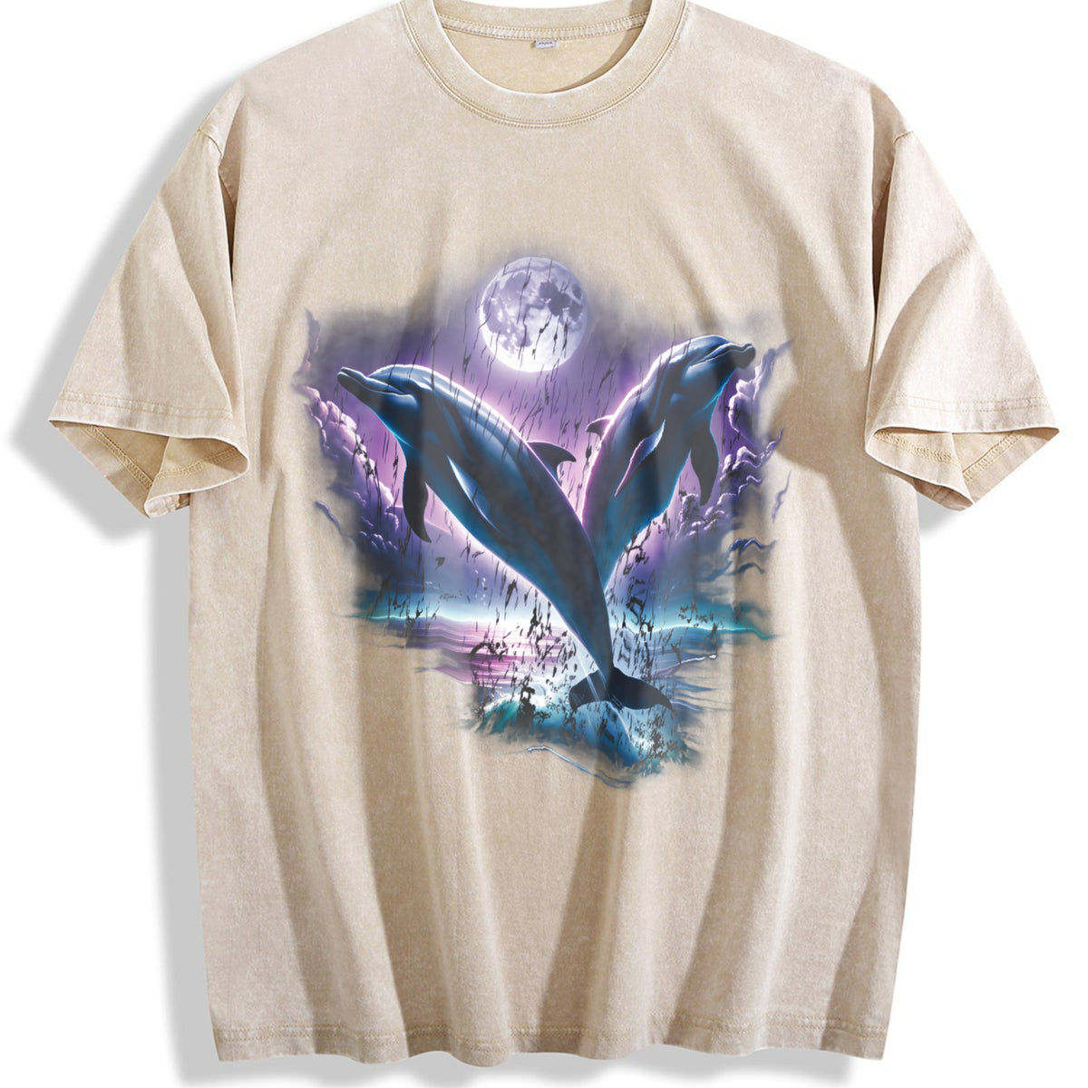 Two Dolphins Moon Vintage Washed T-Shirt - Beige