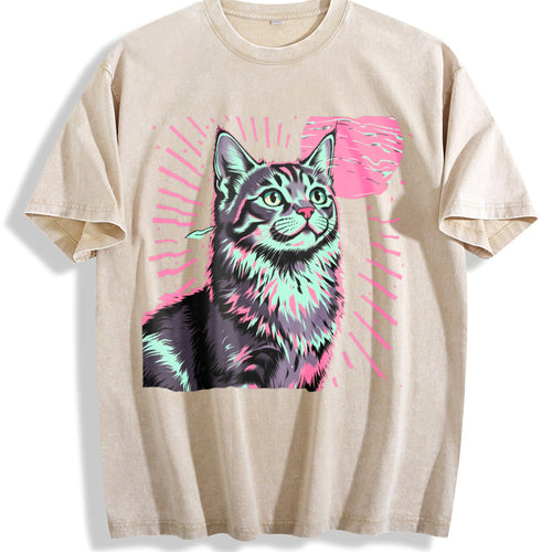 -futuristic Cat Vintage Washed T-Shirt - Beige