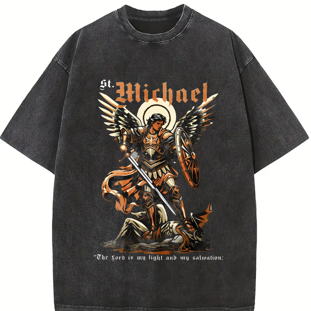 Men'S Heavyweight 230GSM Vintage Batik T-Shirt - Double-Sided Washed Christian Faith Design with Michael the Archangel & Psalm 18:15 Bible Verse, All-Season Casual Round Neck Tee for Outdoor Activities, Church Events & Casual Attire - Machi