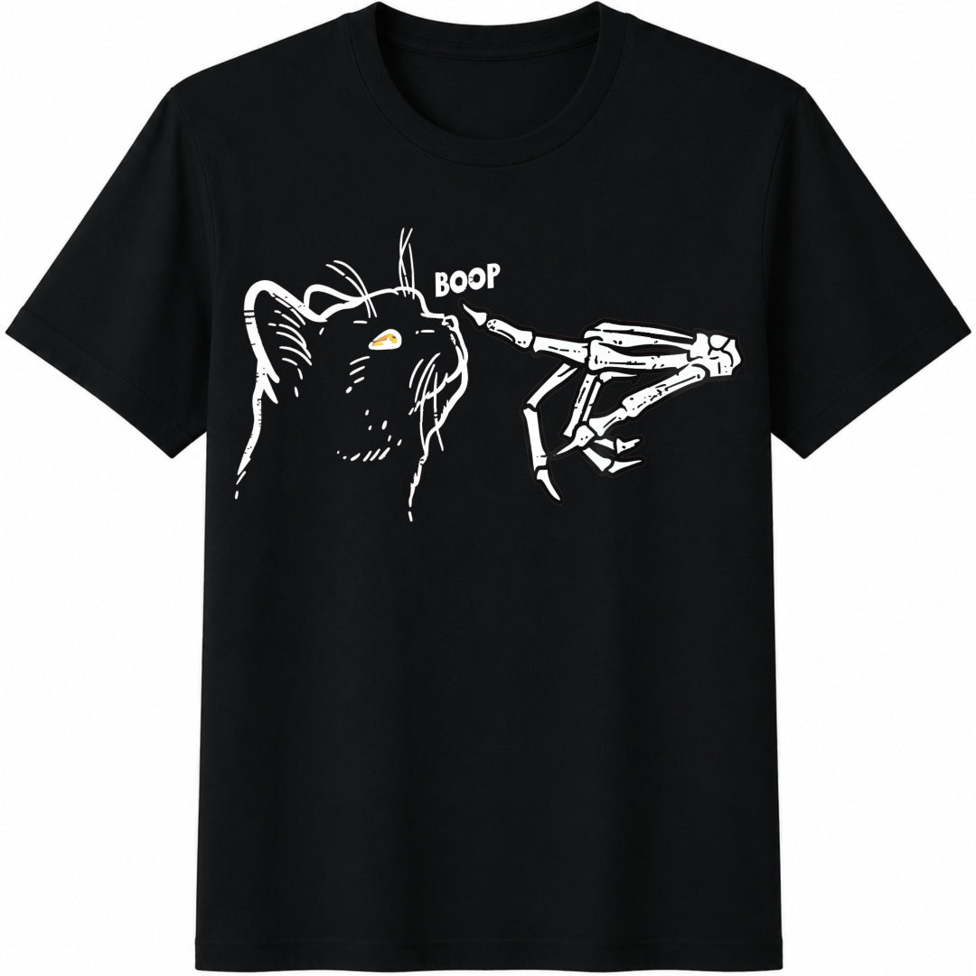 Cat And Skull Hand Cotton T-Shirt - Black
