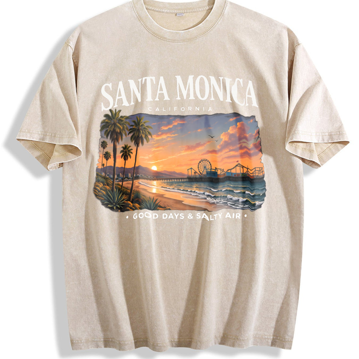 Santa Monica California - Beach Vacation Travel Pier Vintage Washed T-Shirt - Beige