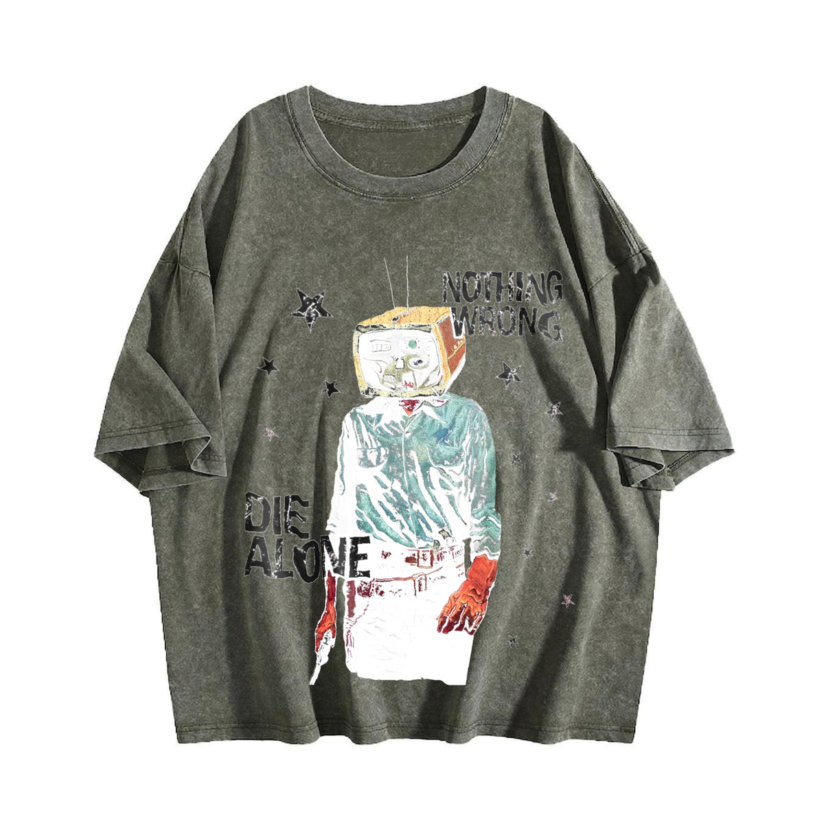 Tv Head Cowboy Die Alone White Grunge Vintage Washed T-Shirt - product view