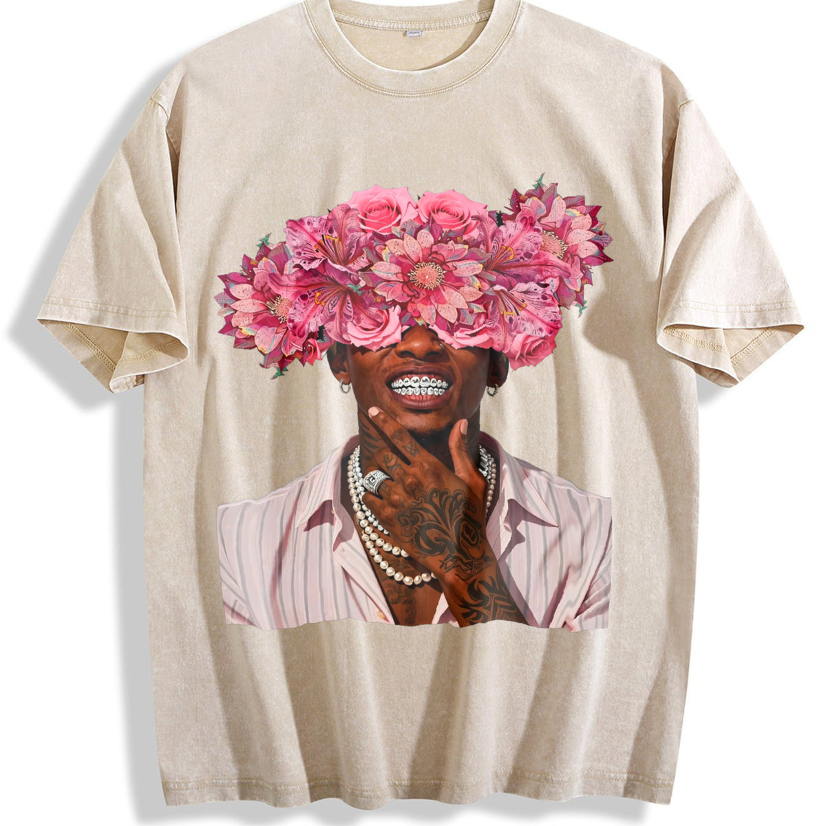 Floral Head Portrait Vintage Washed T-Shirt - Beige