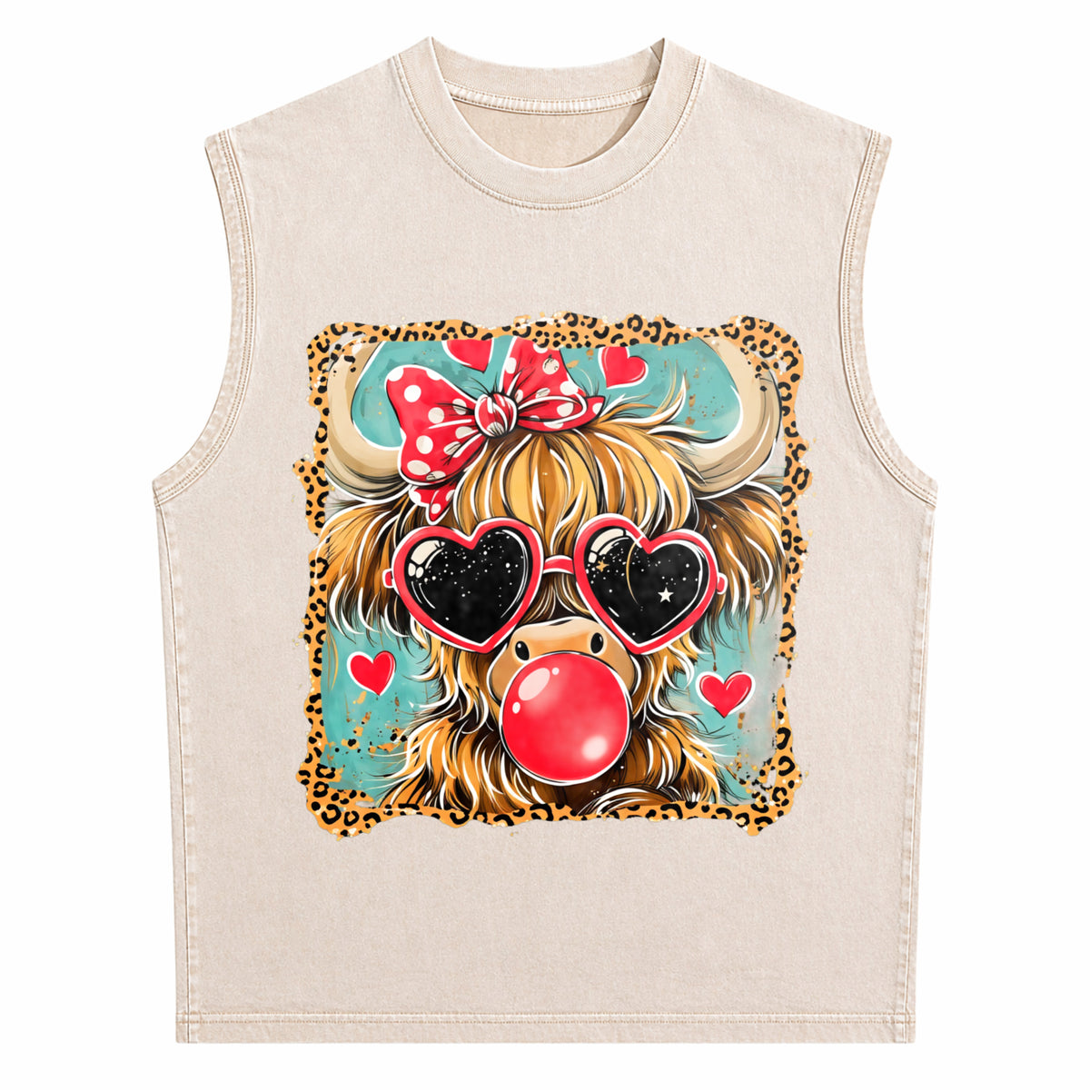 Highland Cow Valentine Coquette Valentine Heart Leopard Men's Washed Tank Top - product view