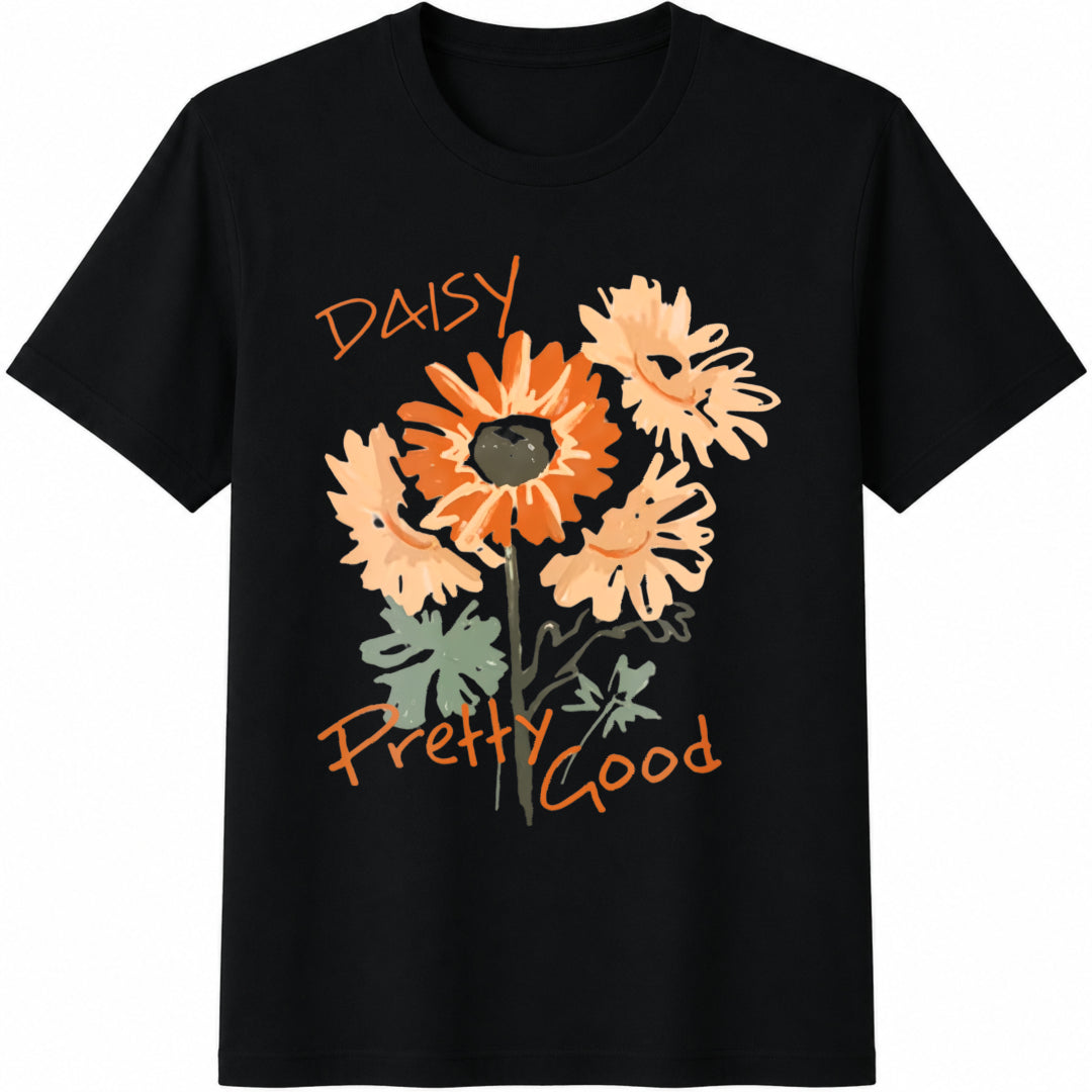 Floral & Letter Summer Cotton T-Shirt - Black
