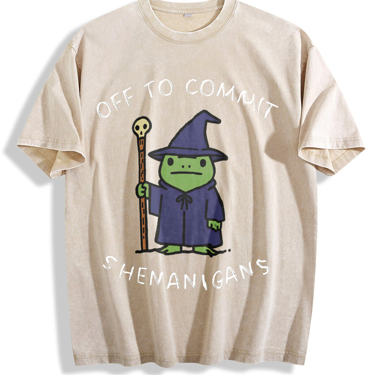 Off To Commit Shenanigans Wizard Frog Funny DND Vintage Washed T-Shirt - Beige