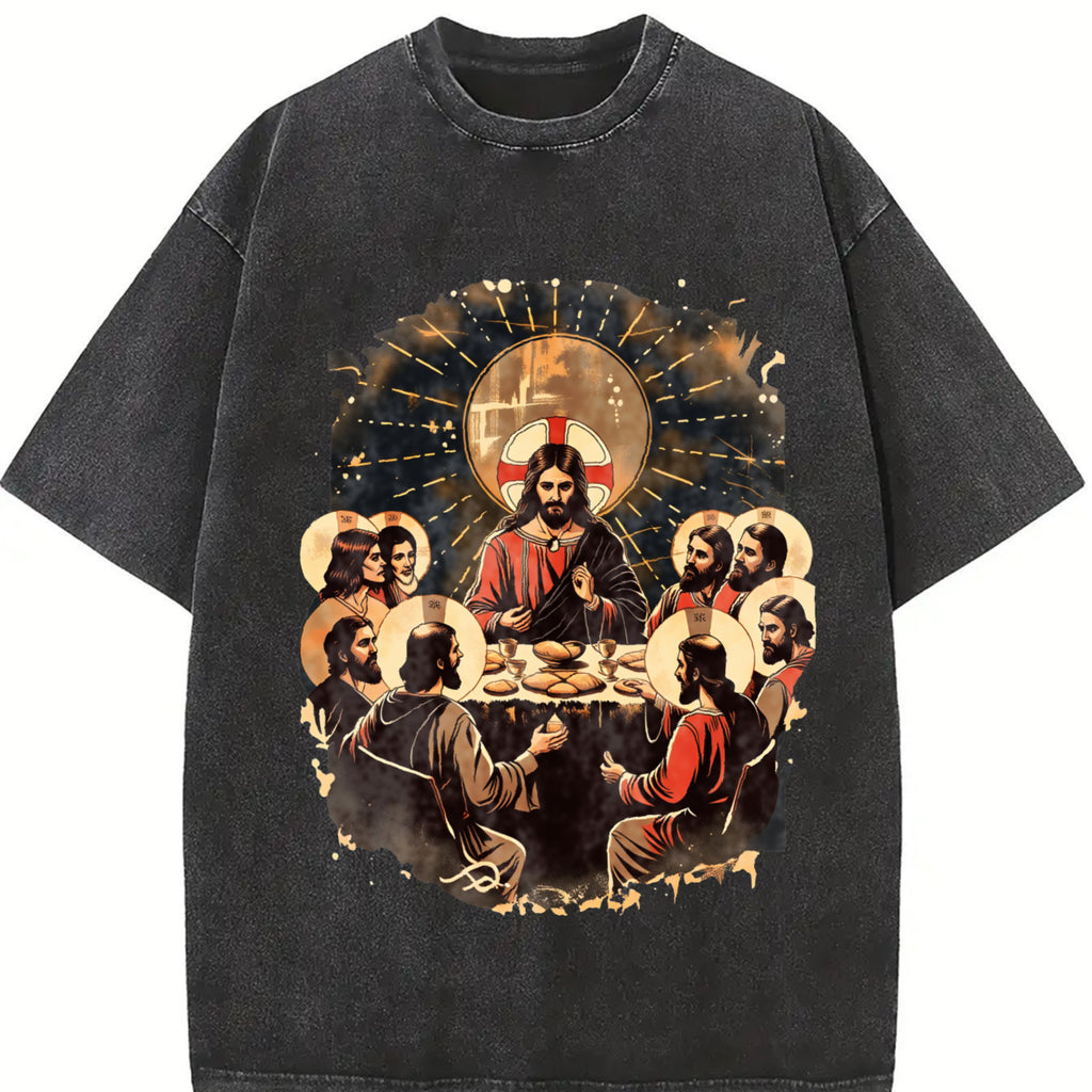 valentine shirts The Last Supper T-Shirt – Vintage Washed Christian Tee, Oversized Jesus and Disciples Graphic, Faith Streetwear