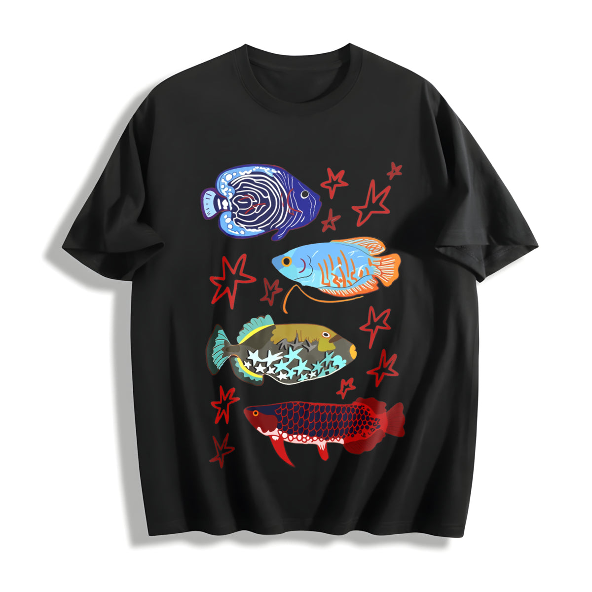 Fish Leaping Over The Dragon Gate Cotton T-Shirt - Black