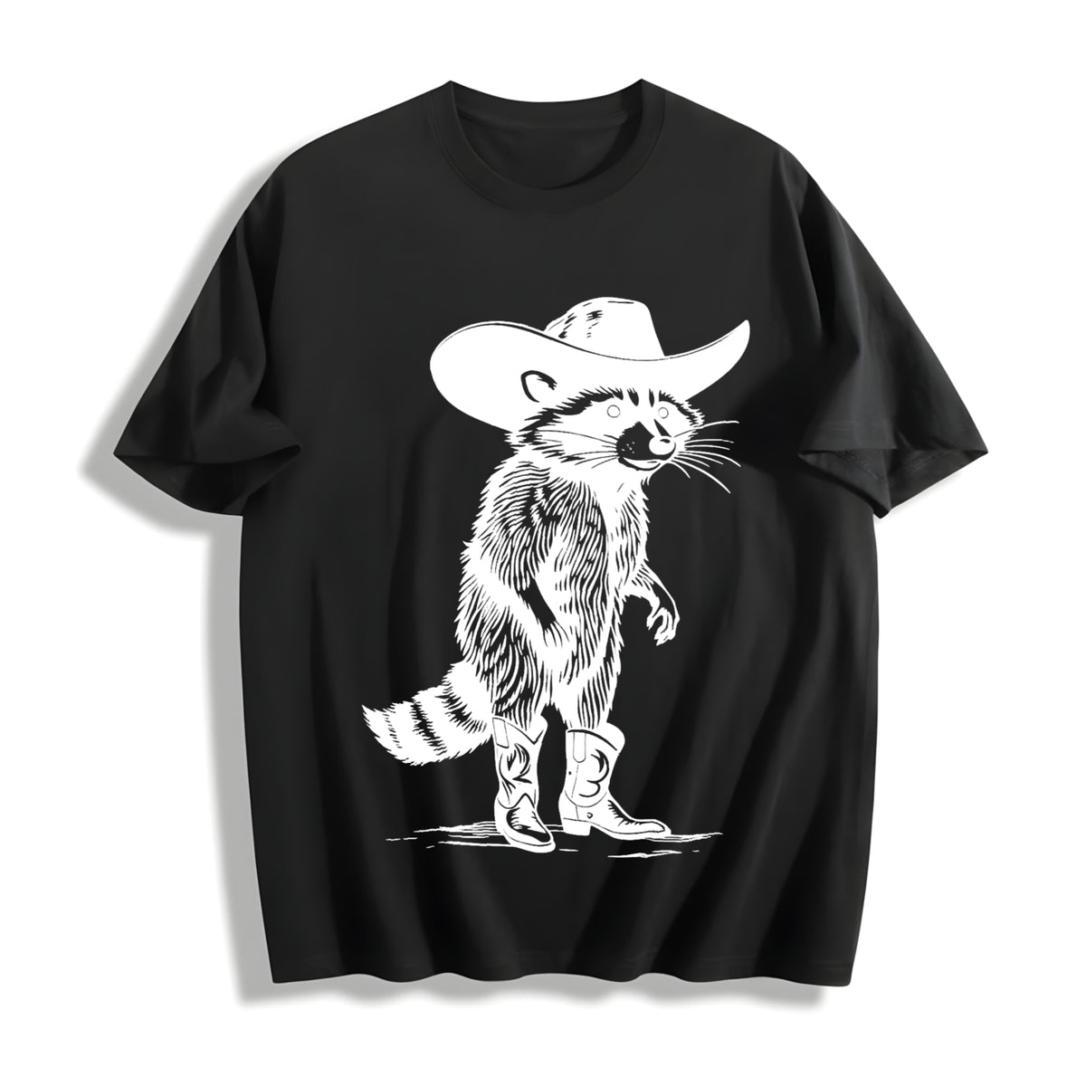 Funny Raccoon Cowboy Cotton T-Shirt - Black