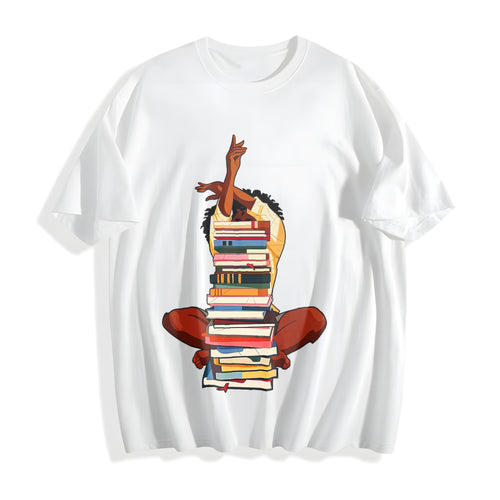 100 Black Woman And Books Stack Afro Girl Book Lover Cotton T-Shirt - product view