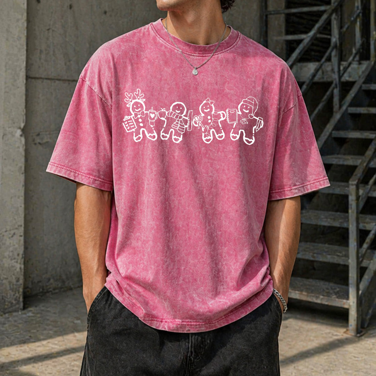 Gingerbread Teacher Christmas Vintage Washed T-Shirt - product view