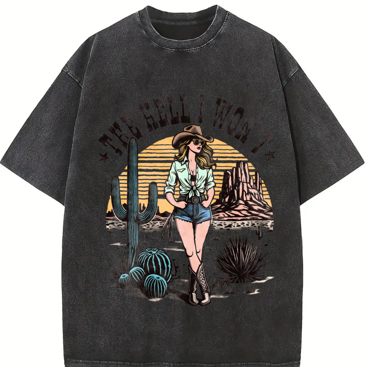 Cowgirl The Hell I Won't Western 90s Vintage Washed T-Shirt - product view