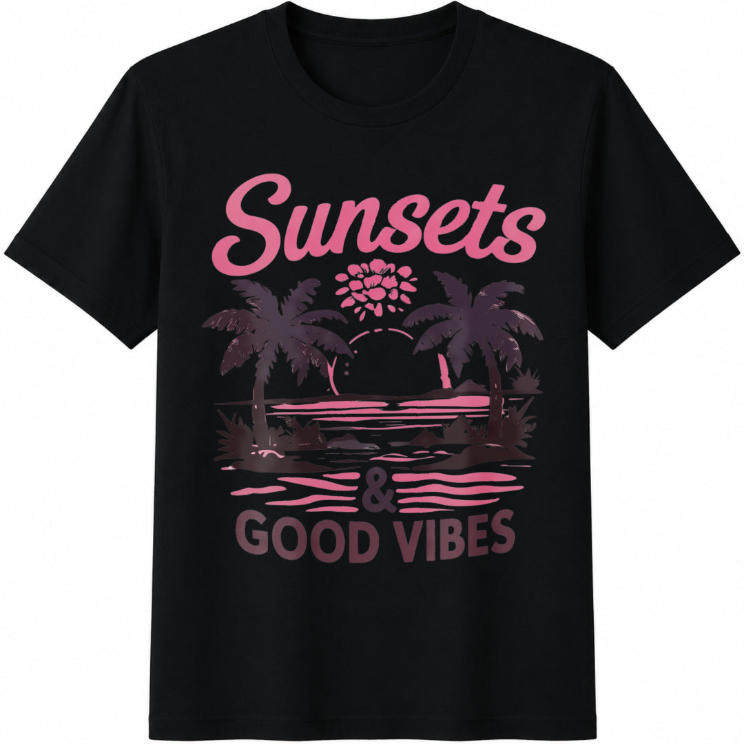 Palm Tree And Sunset Cotton T-Shirt - Black