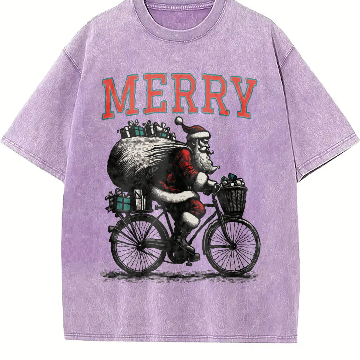 Merry Santa Riding Bike 90s Vintage Washed T-Shirt - product view