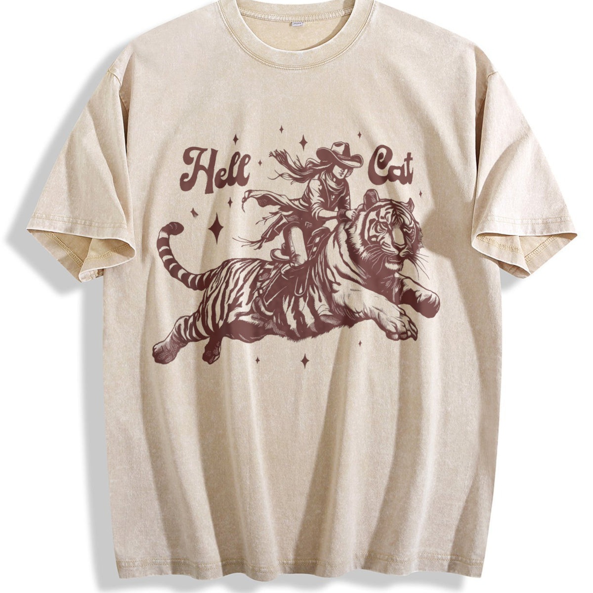 Hell Cat Cowgirl Riding Tiger Vintage Washed T-Shirt - Beige