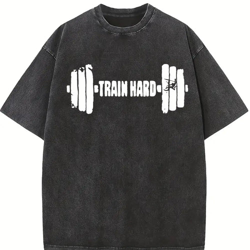 100 Black - Gym With Dumbbell & Geometric Vintage Washed T-Shirt - product view