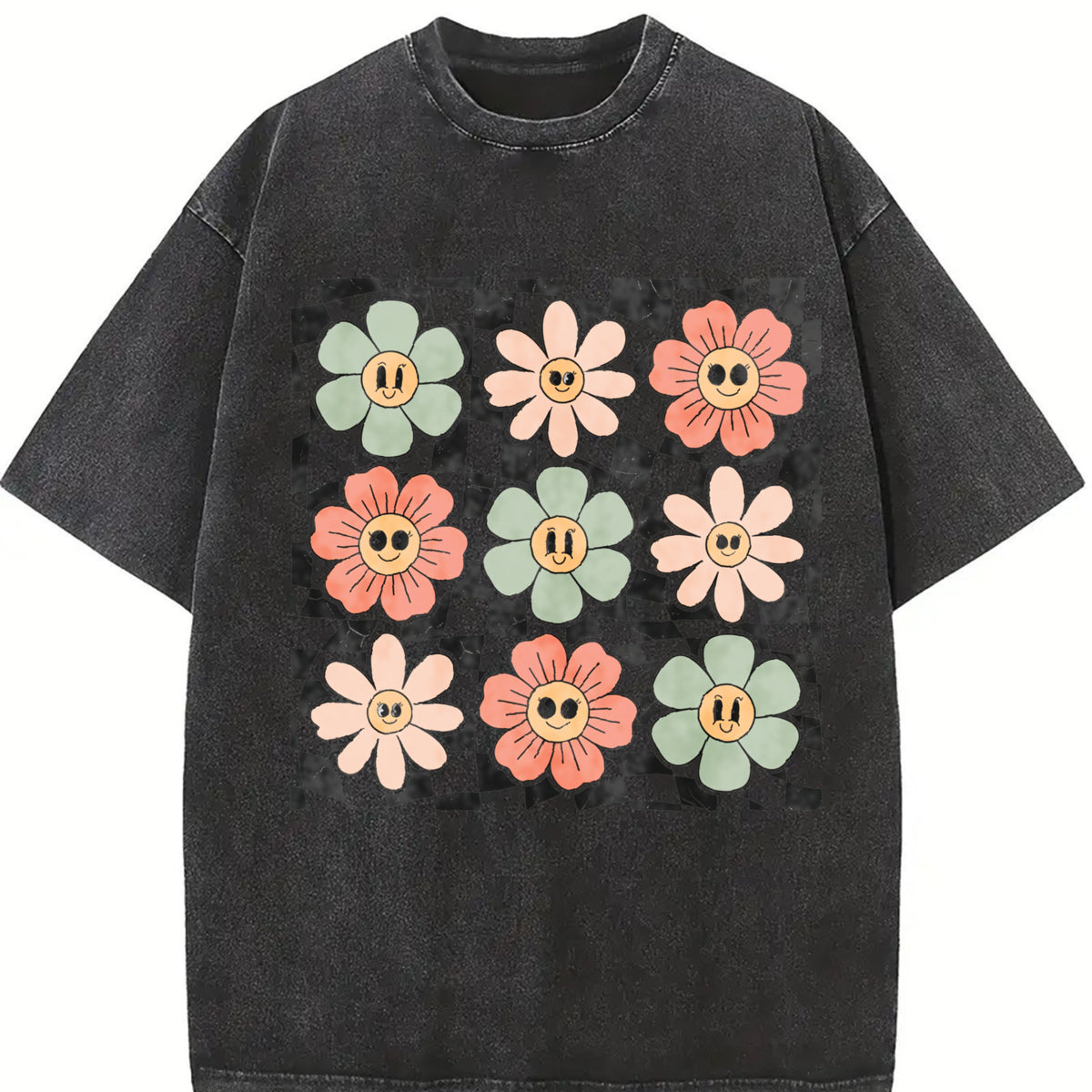 Retro Checkered Flower Shirt, Retro Flowers Tshirt, Boho Flower Shirt, Boho Hippie Tee, Trendy Summer Graphic Top Womenswear Casual