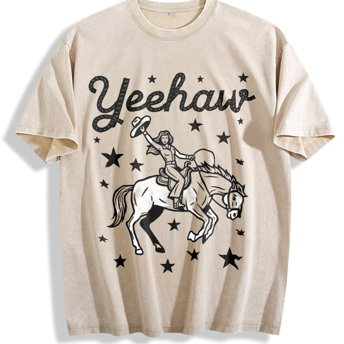 Yeehaw Cowgirl Rodeo Vintage Washed T-Shirt - Beige