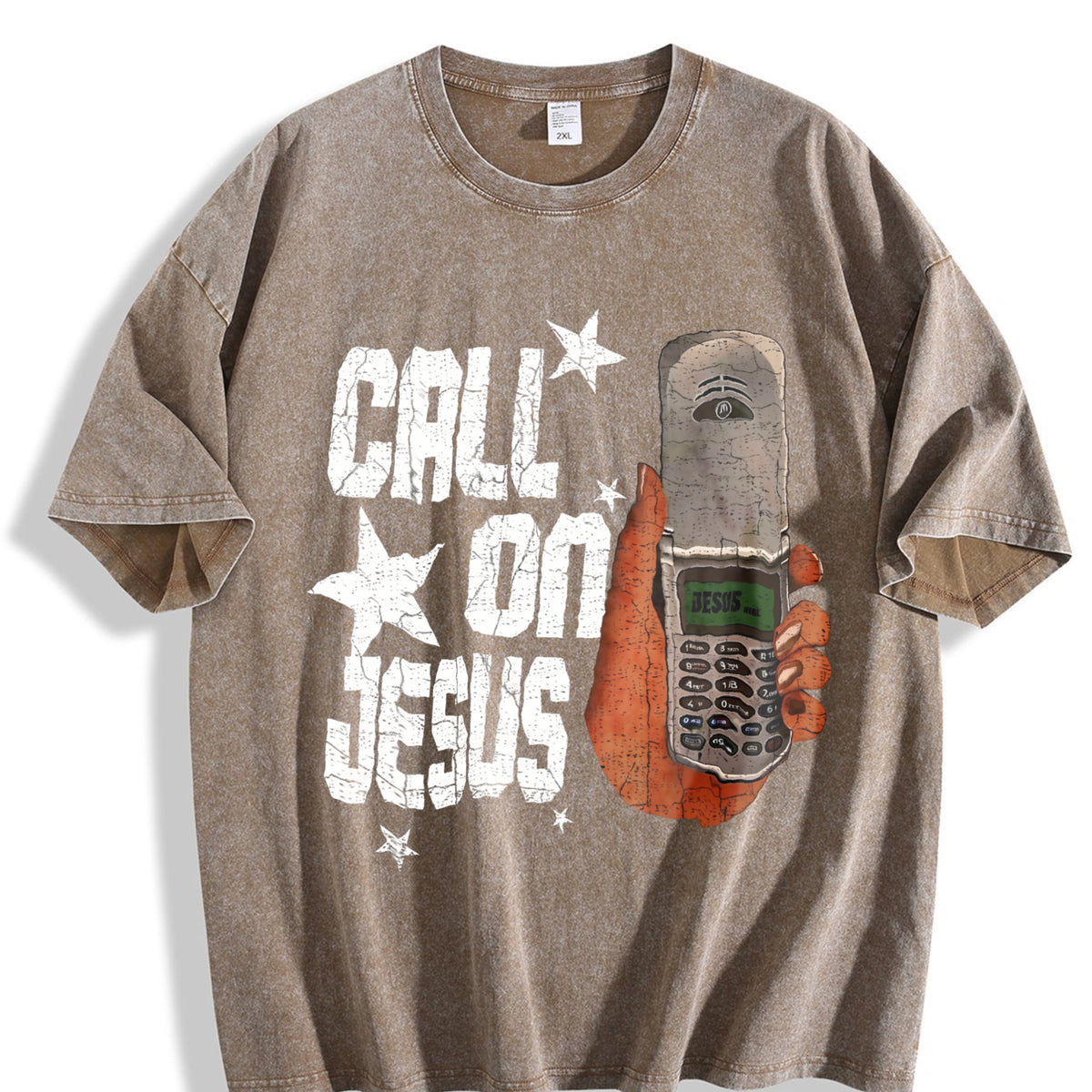 Call On Jesus Flip Phone White Religious Vintage Washed T-Shirt - product view