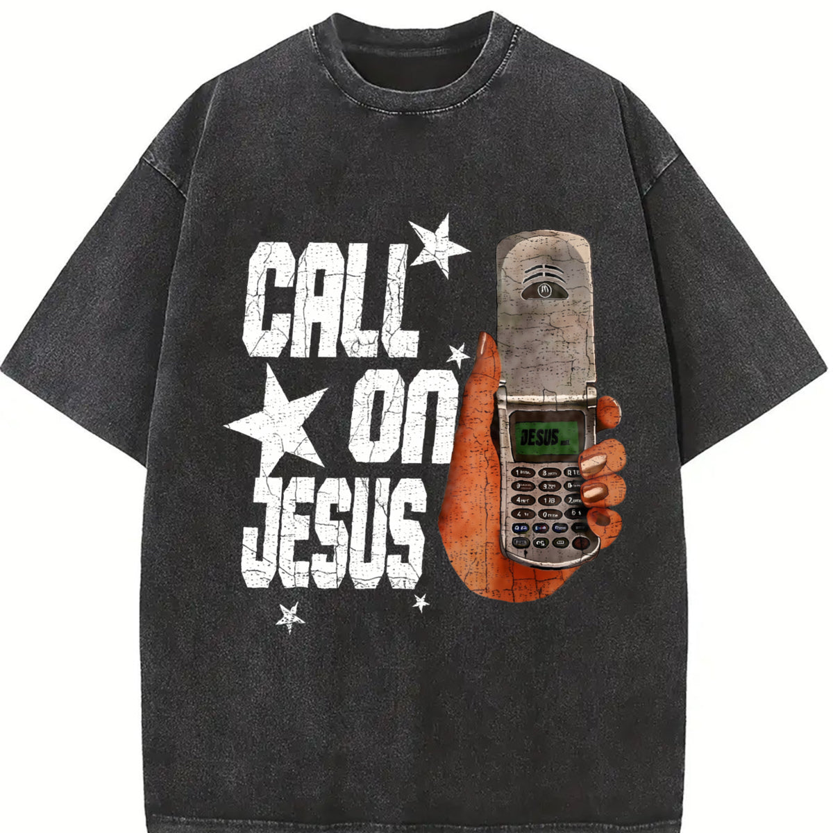 Call On Jesus Flip Phone White Religious Vintage Washed T-Shirt - product view