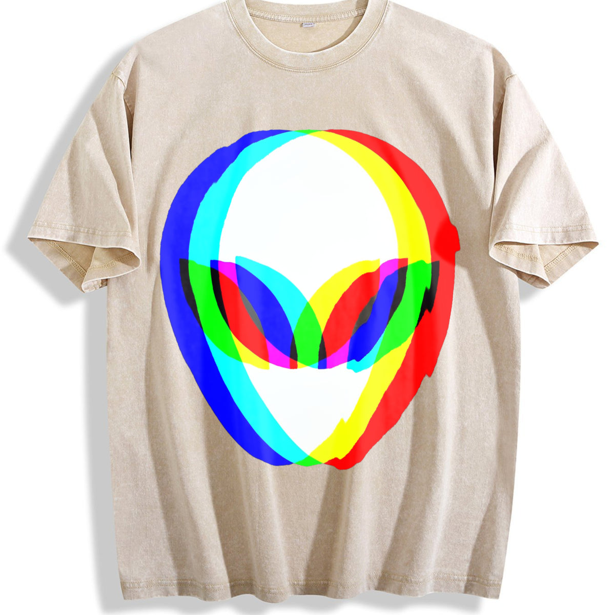100 Alien Head Trippy Vaporwave Techno Rave Edm Music Vintage Washed T-Shirt - Beige