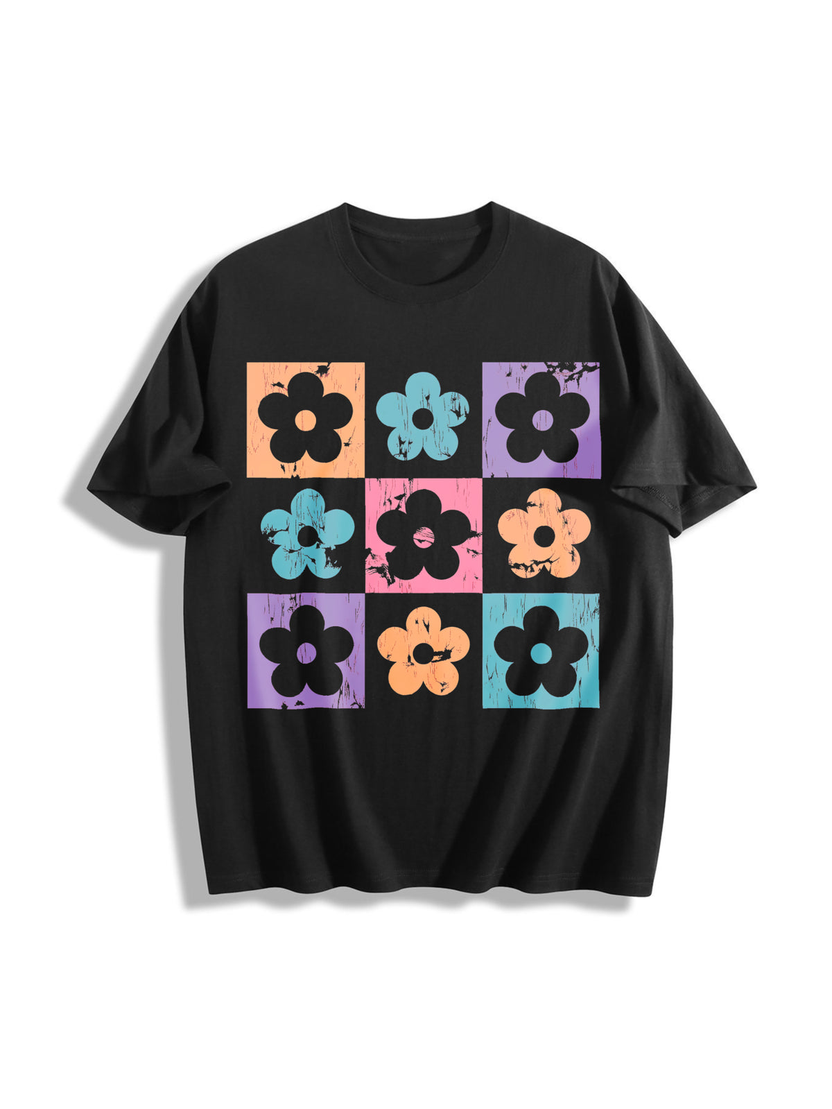 Checkered Flowers Cotton T-Shirt - Black