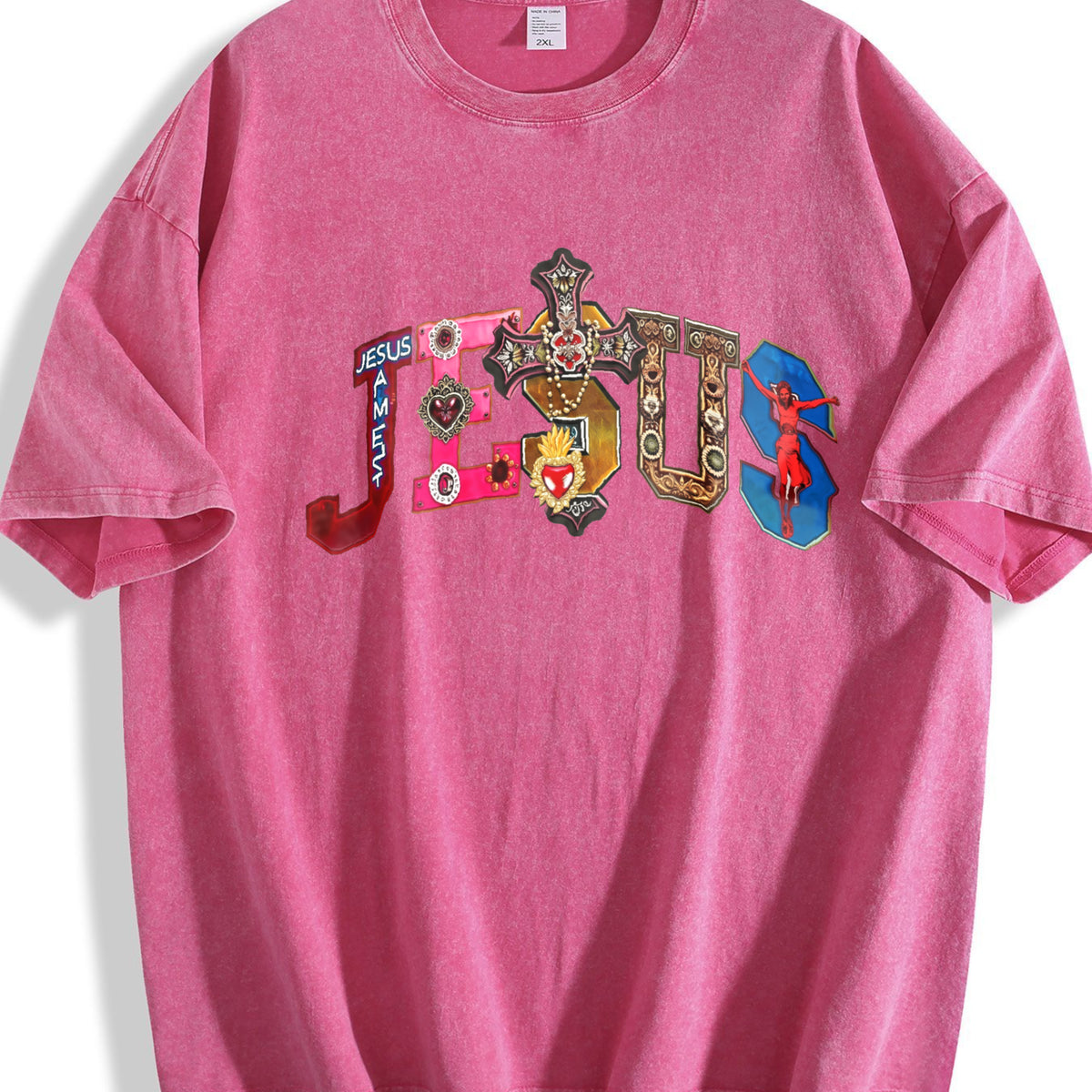 Jesus Colorful Cross & Gem Cropped Vintage Washed T-Shirt - product view