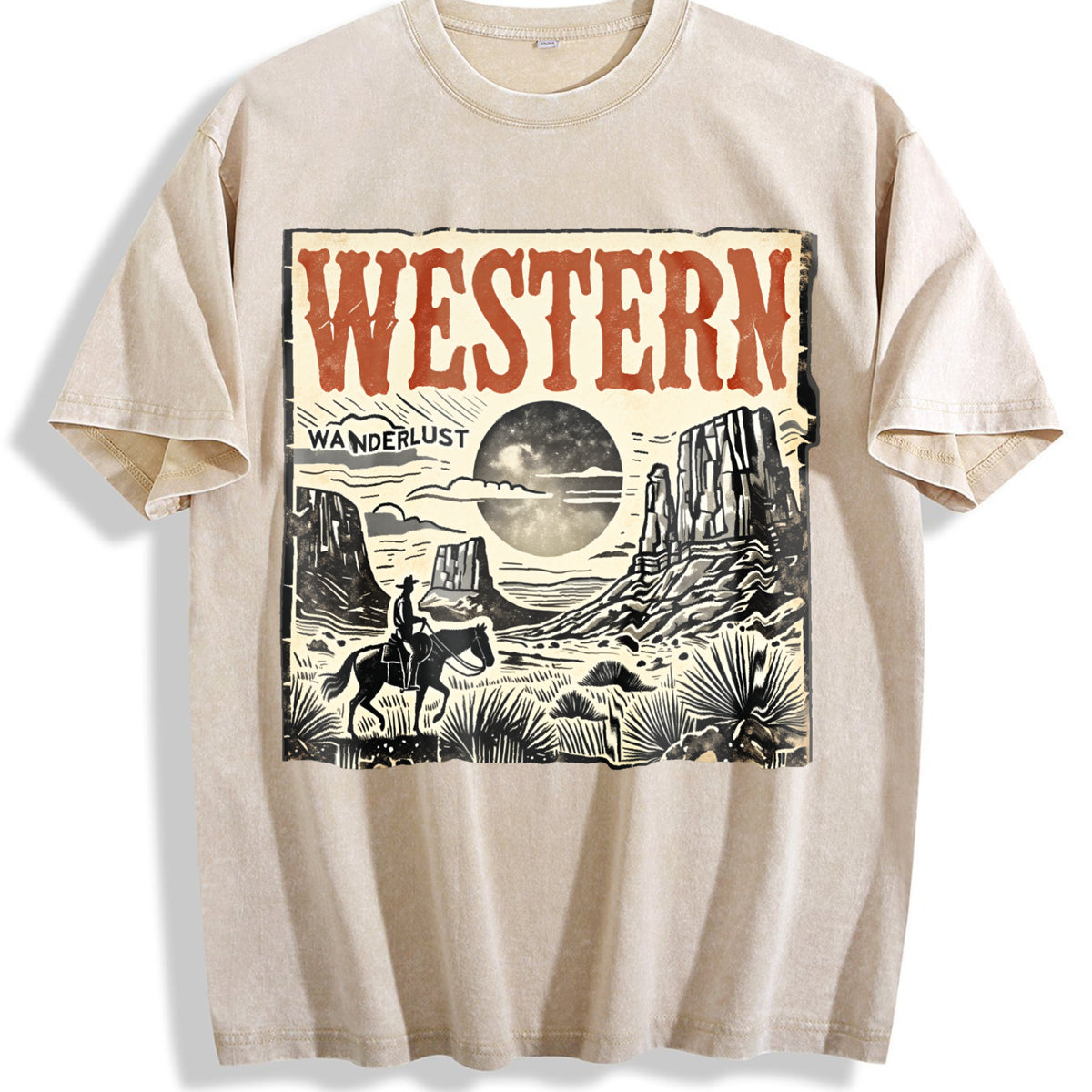 Western Wanderlust 90s Vintage Washed T-Shirt - Beige