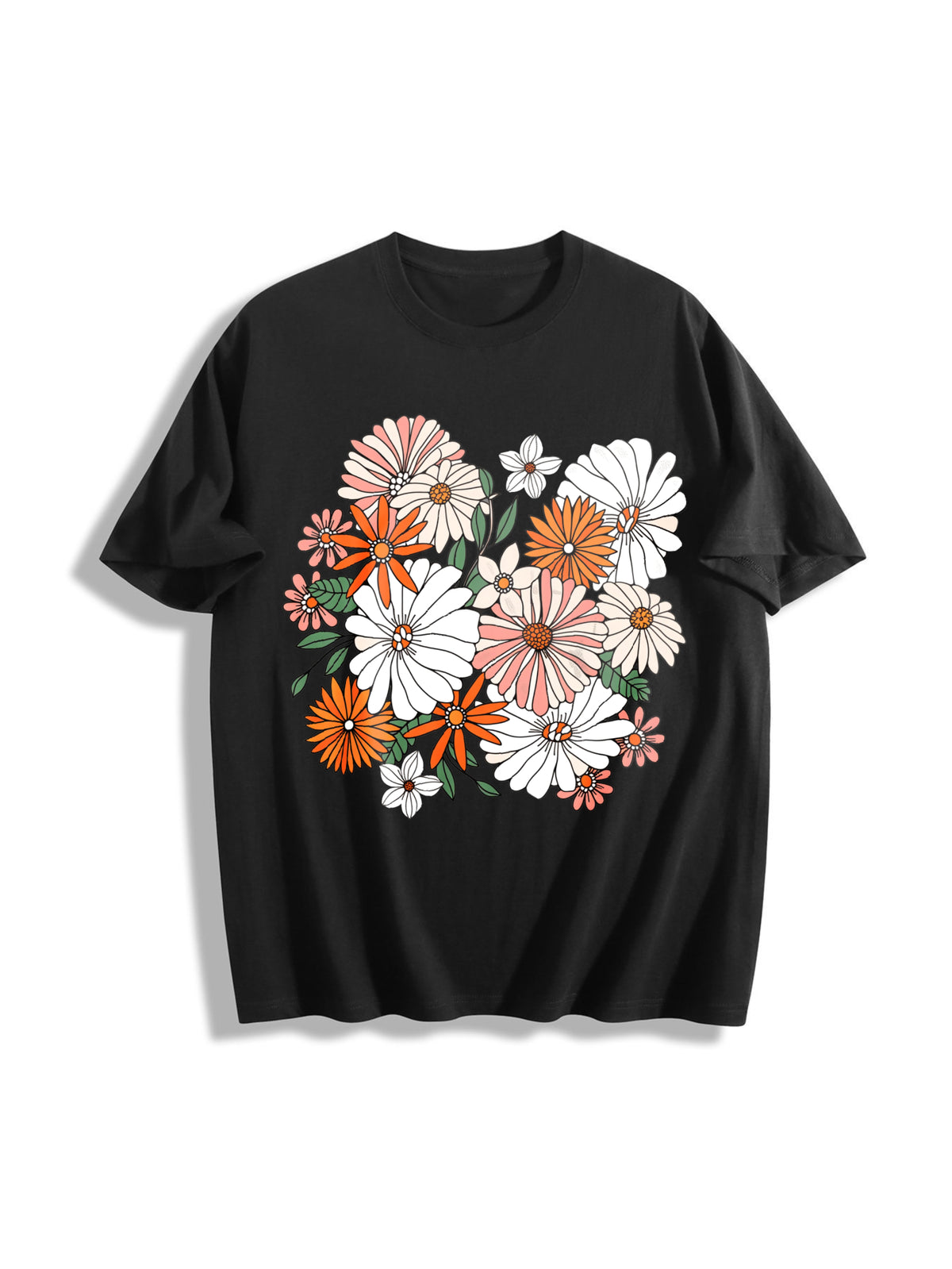 Boho Chic Wildflower Floral Cotton T-Shirt - Black