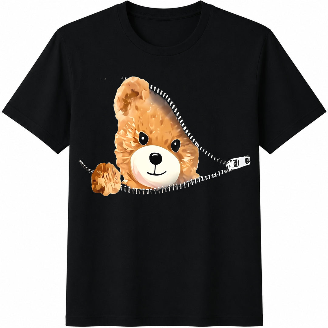 Brown Teddy Bear Cute Cartoon - Girls Boys Teens Short-sleeved Cotton T-Shirt - Black