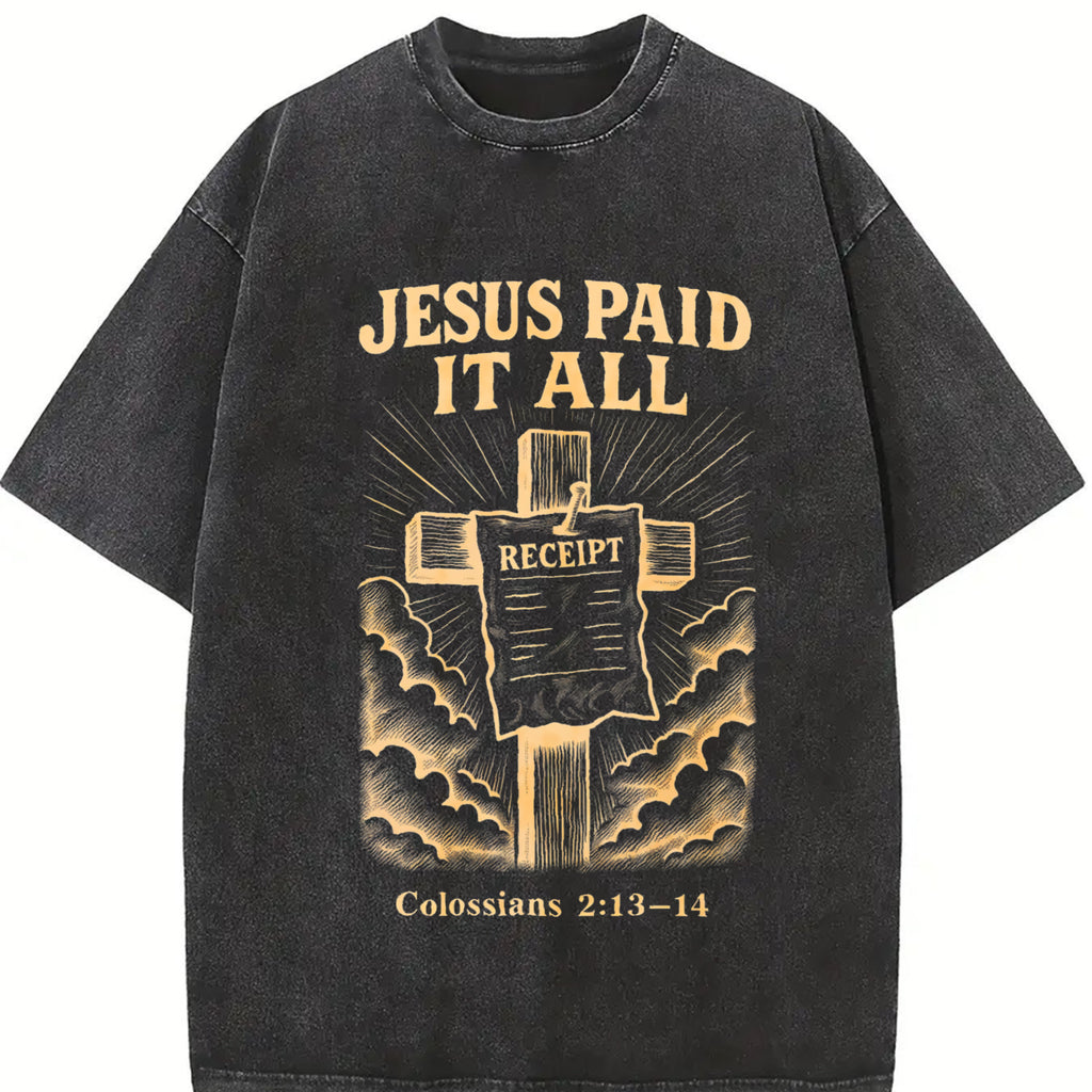 Retro Washed T-Shirt Double Sided Printed 230 Pure Cotton 'JESUS PAID IT ALL' Letter & Cross Pattern Christian Gift Men's Casual Comfortable Street Style Vintage Design Festive Crewneck Shortsleeve Tshirt Streetwear Streetwear