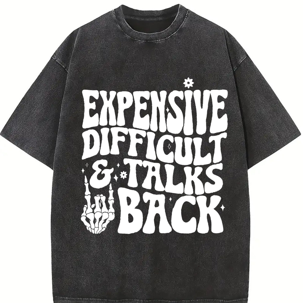 Women's " Expensive Difficult and Talks Back" Slogan Print Skeleton Hand Graphic Round Neck Tee, Back To School Outfits, Casual Half Sleeve Crew Neck T-shirt for Daily Wear, Ladies Clothes for All Seasons, Fall Clothes