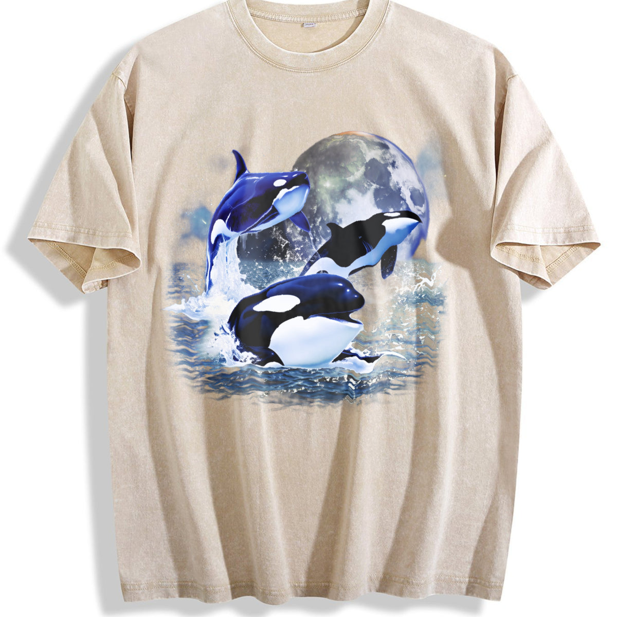 Three Orcas 90s Vintage Washed T-Shirt - Beige