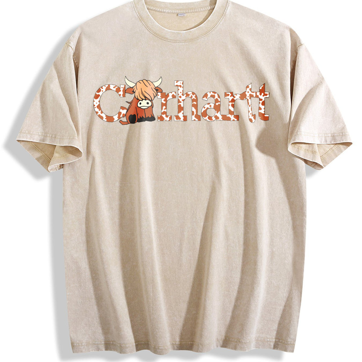 Highland Cow - Cute Western Wind Highland Cow - Farm Vintage Washed T-Shirt - Beige