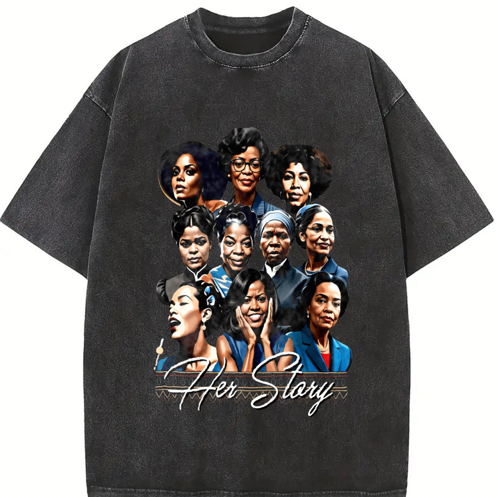 Women's Black Empowerment Portraits & "A Long Hot Story" Print Crew Neck T-Shirt - Casual Short Sleeve Spring/Summer Top, Machine Washable Regular Fit Non-Transparent Tee, Portrait Artwork, Nontransparent Fabric