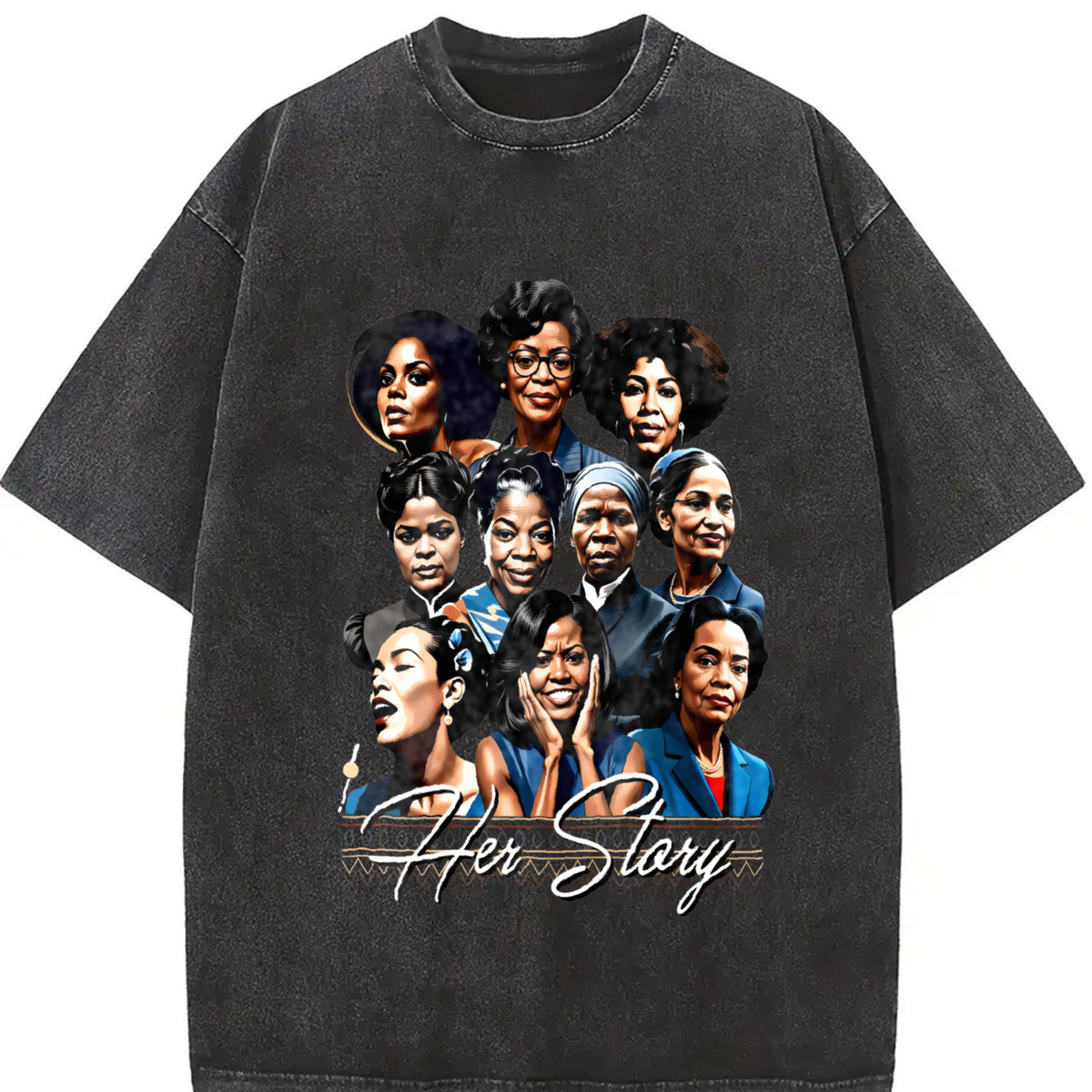Women's Black Empowerment Portraits & "A Long Hot Story" Print Crew Neck T-Shirt - Casual Short Sleeve Spring/Summer Top, Machine Washable Regular Fit Non-Transparent Tee, Portrait Artwork, Nontransparent Fabric
