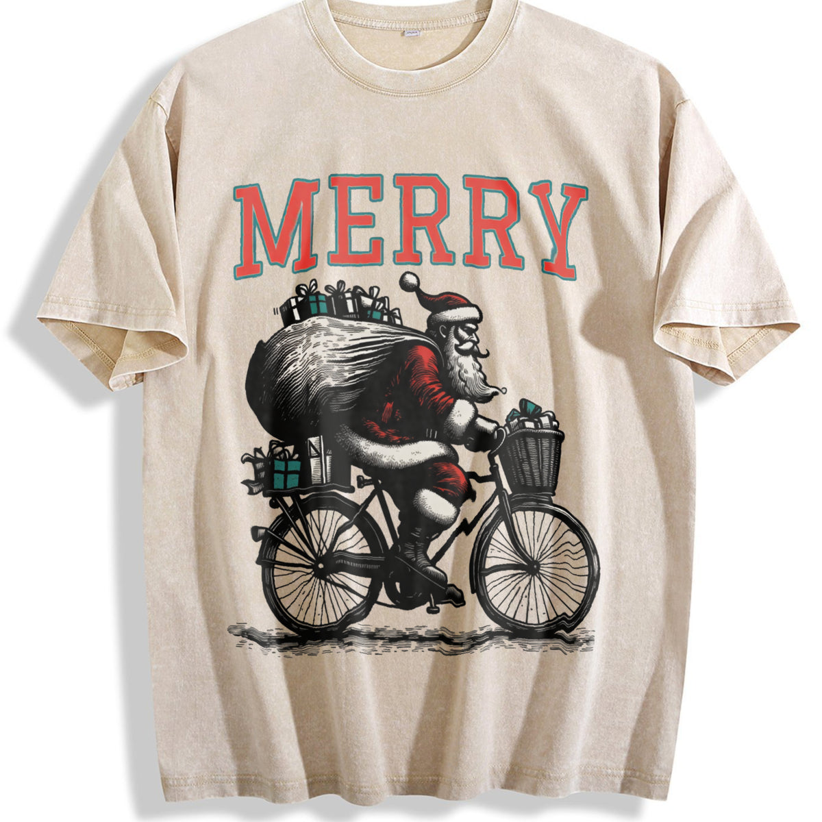 Merry Santa Riding Bike 90s Vintage Washed T-Shirt - Beige
