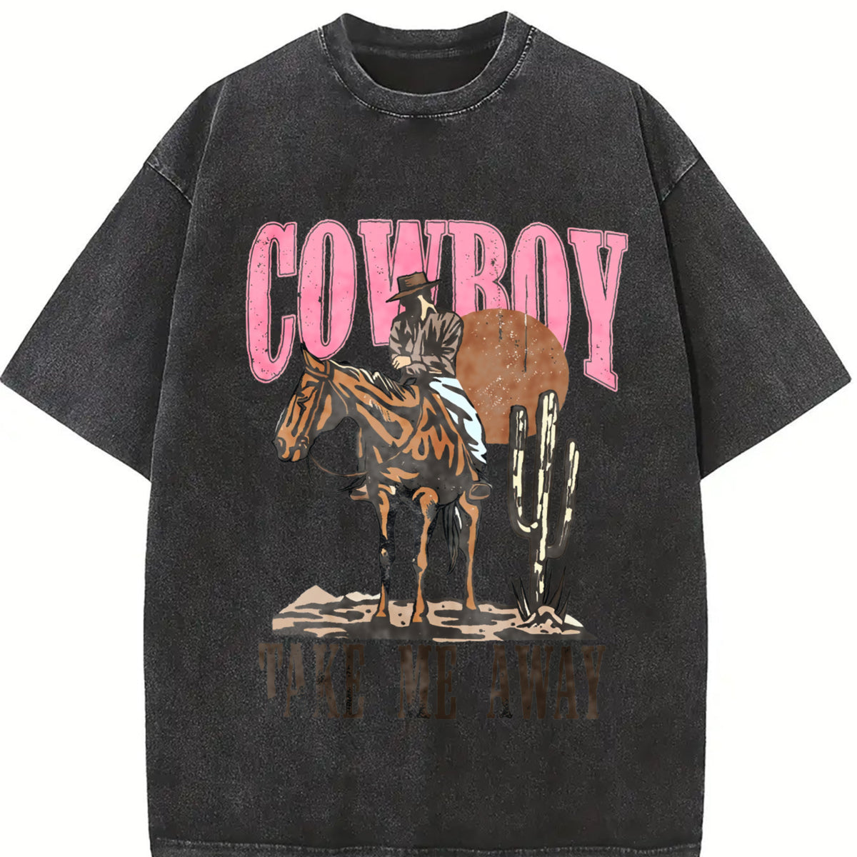 Women's Cowboy & Letter Print Round Neck Tee, Casual Short Sleeve T-shirt for Spring & Fall, Women's Top for Daily Wear, Everyday