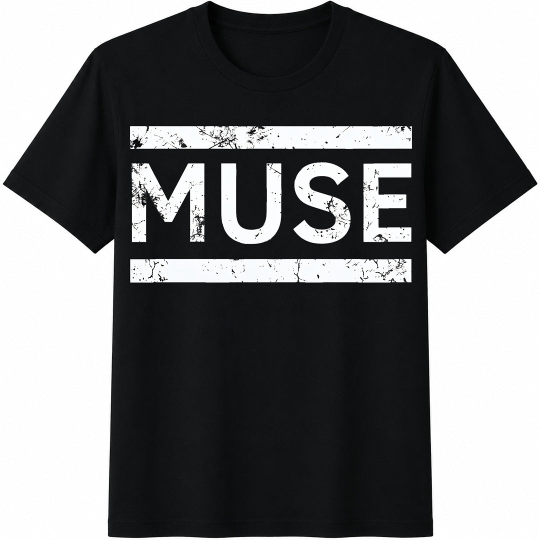 Muse Rock Band - White Lettering & Music Cotton T-Shirt - Black