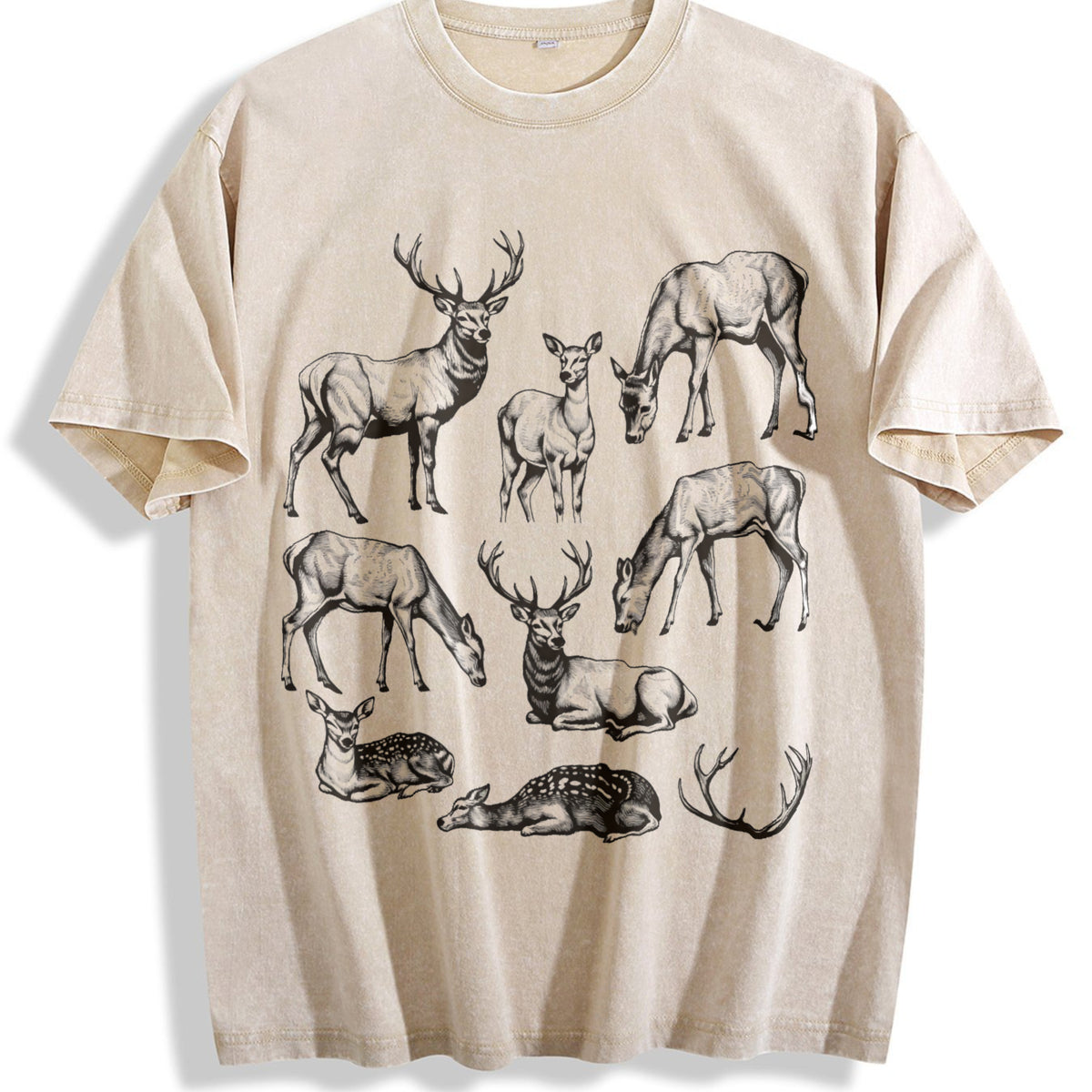 Deer 90s Tattoo Vintage Washed T-Shirt - Beige