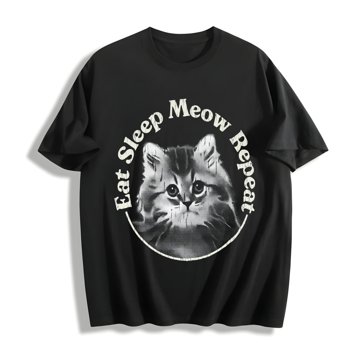 Eat Sleep Meow Repeat Funny Cute Kitten Lovers For Ladies Cotton T-Shirt - Black